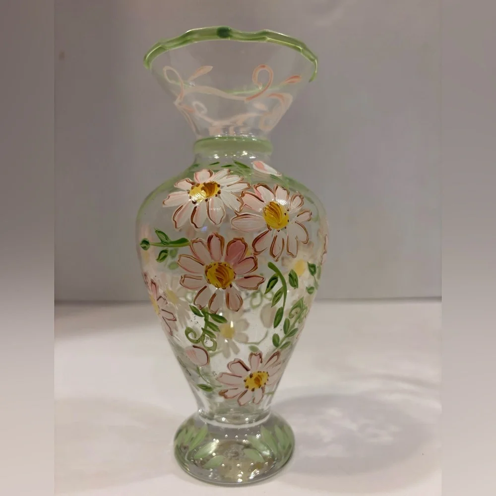 Vintage Tracy Porter boho hand painted floral design set of 2 glass bud vases